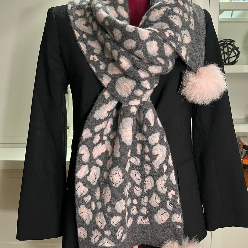 Chic Gray and Pink Patterned Scarf with Pink Pom Pom’s. 100% Wool.